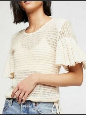 Free People Cream Crochet Flutter Sleeve Tee